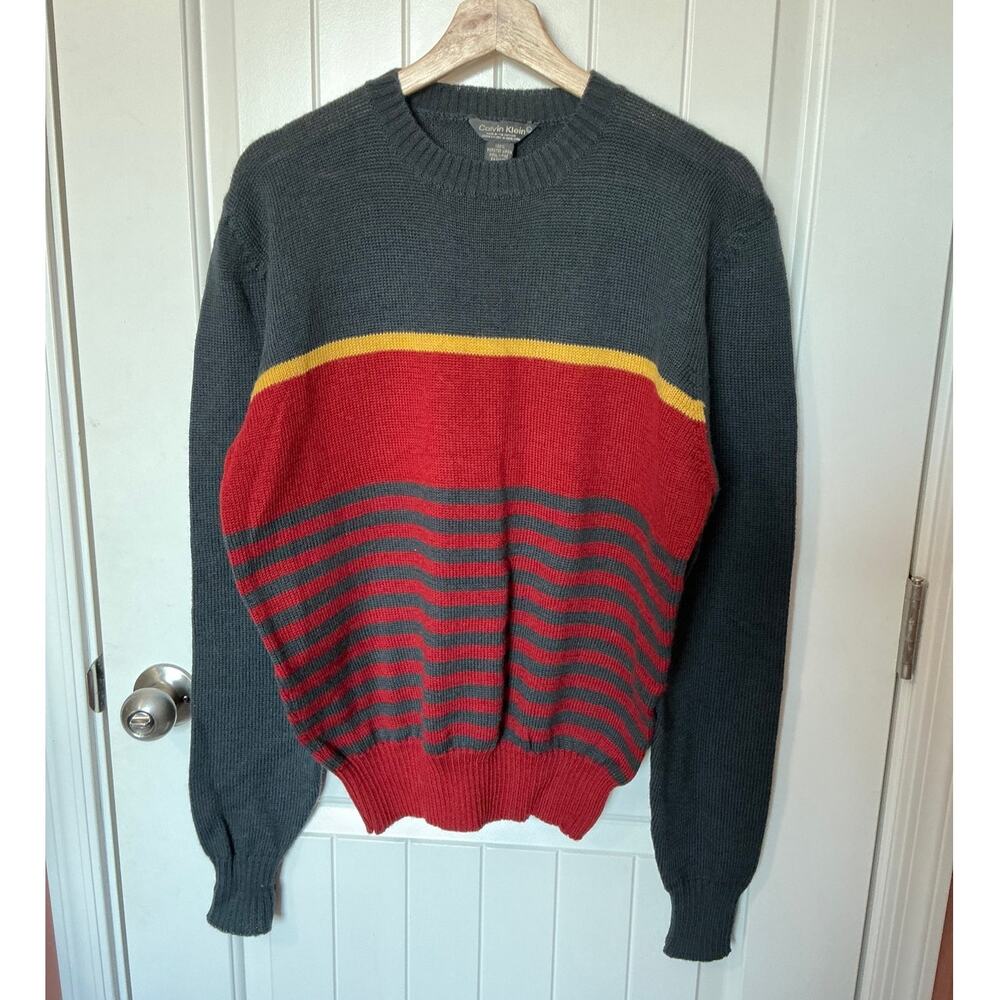Vintage 70s Calvin Klein Striped Wool Sweater Men's Large Red/Navy